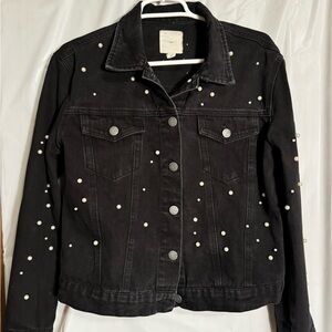 Black Pearl-Embellished Denim Jacket
